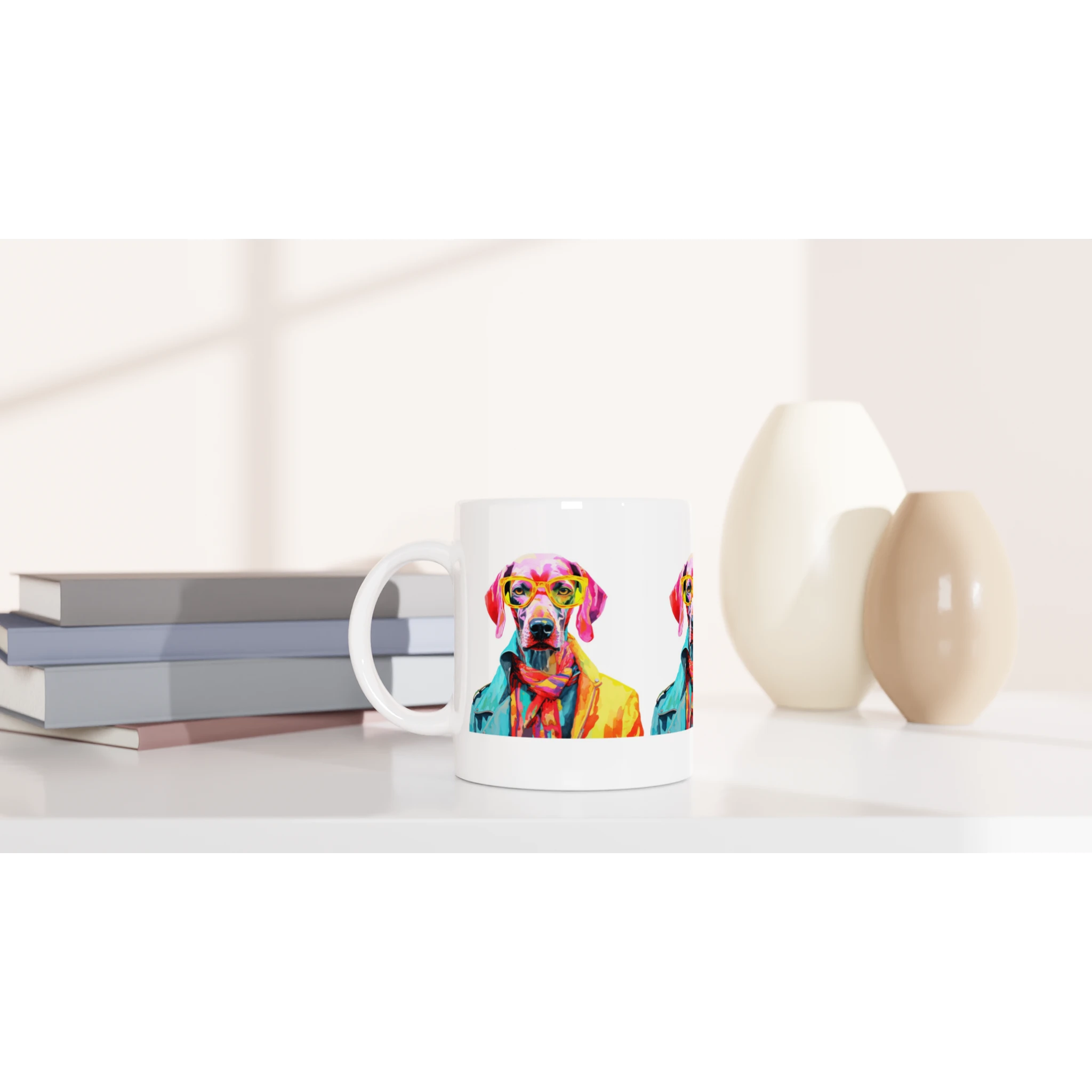 Gent dog mug with a vibrant pop-art dog print on glossy white ceramic.