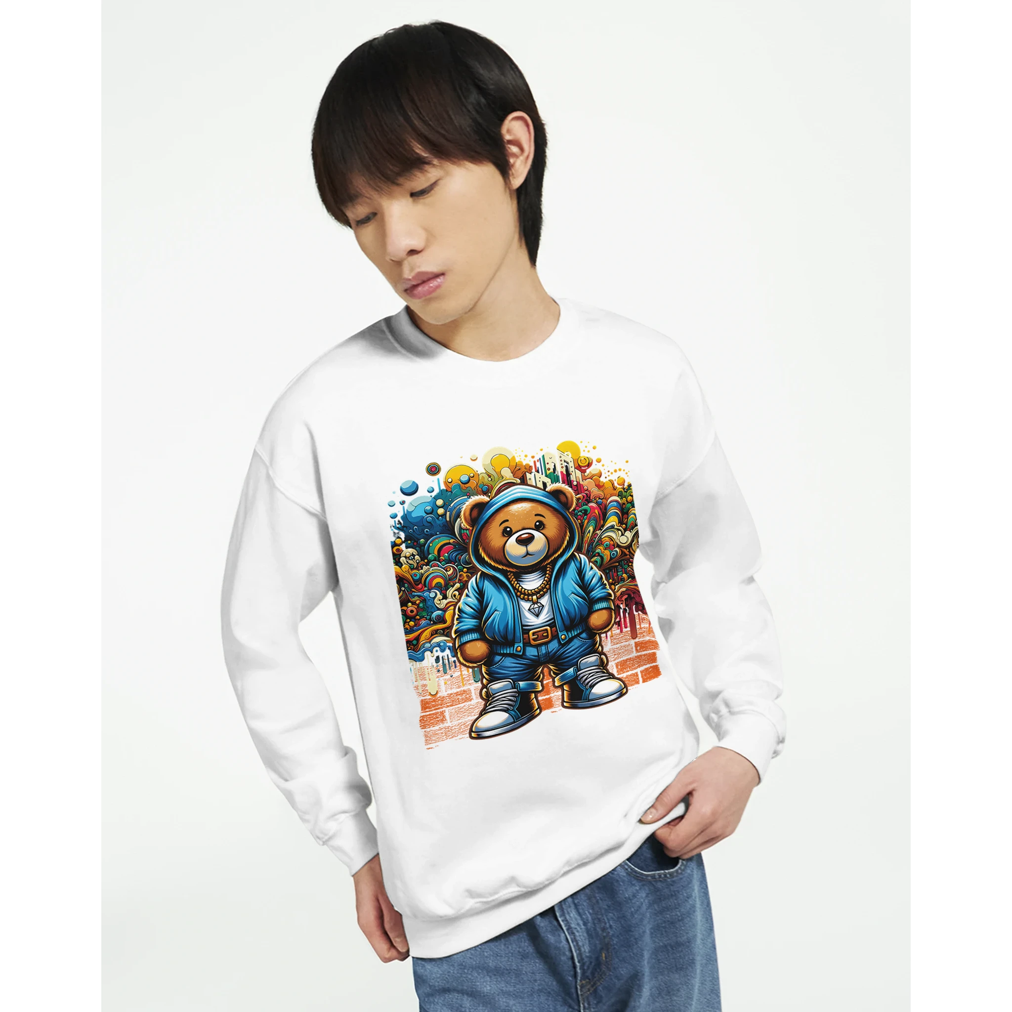 White cotton-blend Urban Teddy Bear men's graphic sweatshirt with bear in blue hoodie and colorful graffiti backdrop.