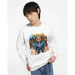 White cotton-blend Urban Teddy Bear men's graphic sweatshirt with bear in blue hoodie and colorful graffiti backdrop.