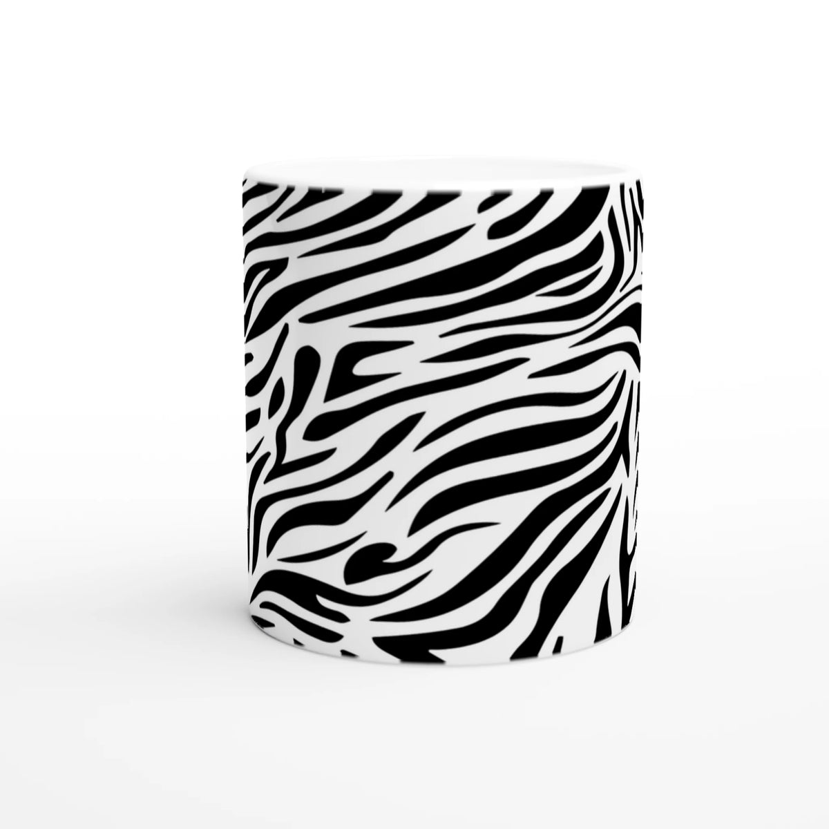 Black & White Zebra Print Mug with bold animal pattern and comfy grip for daily coffee or tea.