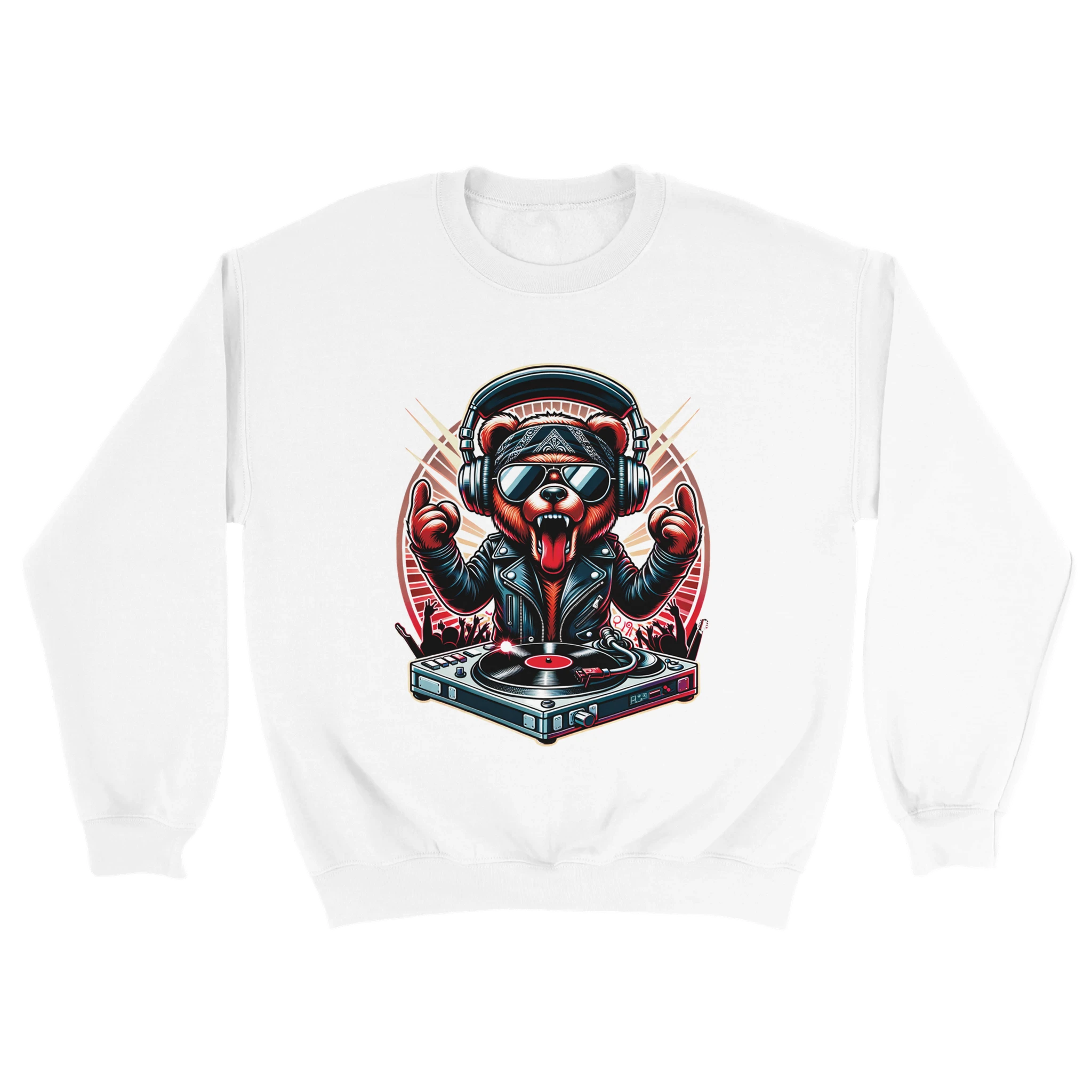 White cotton-blend men's sweatshirt with teddy bear DJ graphic, headphones, sunglasses, leather jacket, and turntable.