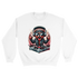 White cotton-blend men's sweatshirt with teddy bear DJ graphic, headphones, sunglasses, leather jacket, and turntable.