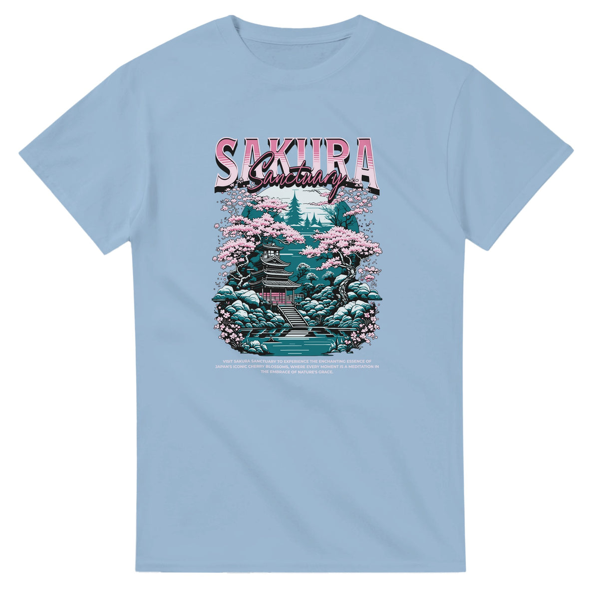 Japanese Sakura graphic tee on light blue, featuring cherry blossoms, pagoda, and tranquil landscape.