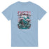Japanese Sakura graphic tee on light blue, featuring cherry blossoms, pagoda, and tranquil landscape.
