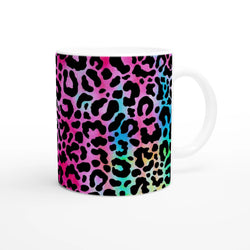 Rainbow leopard-print mug with white handle for coffee or tea.