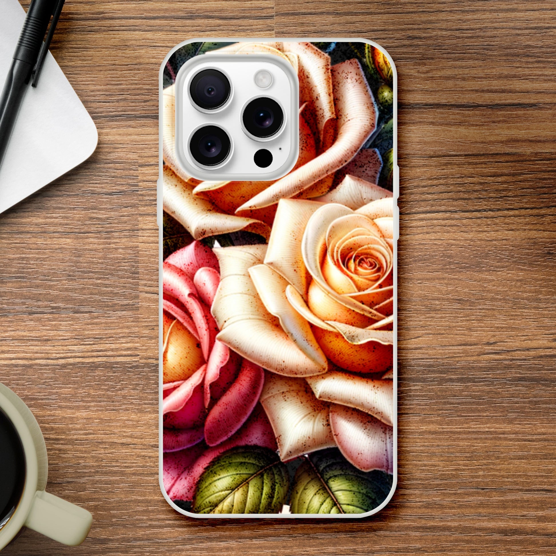 iPhone case with rose design on a wooden surface 21