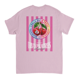 Back of dusty pink t-shirt featuring retro pink striped graphic with red cherries andUrban Palm Trees text.
