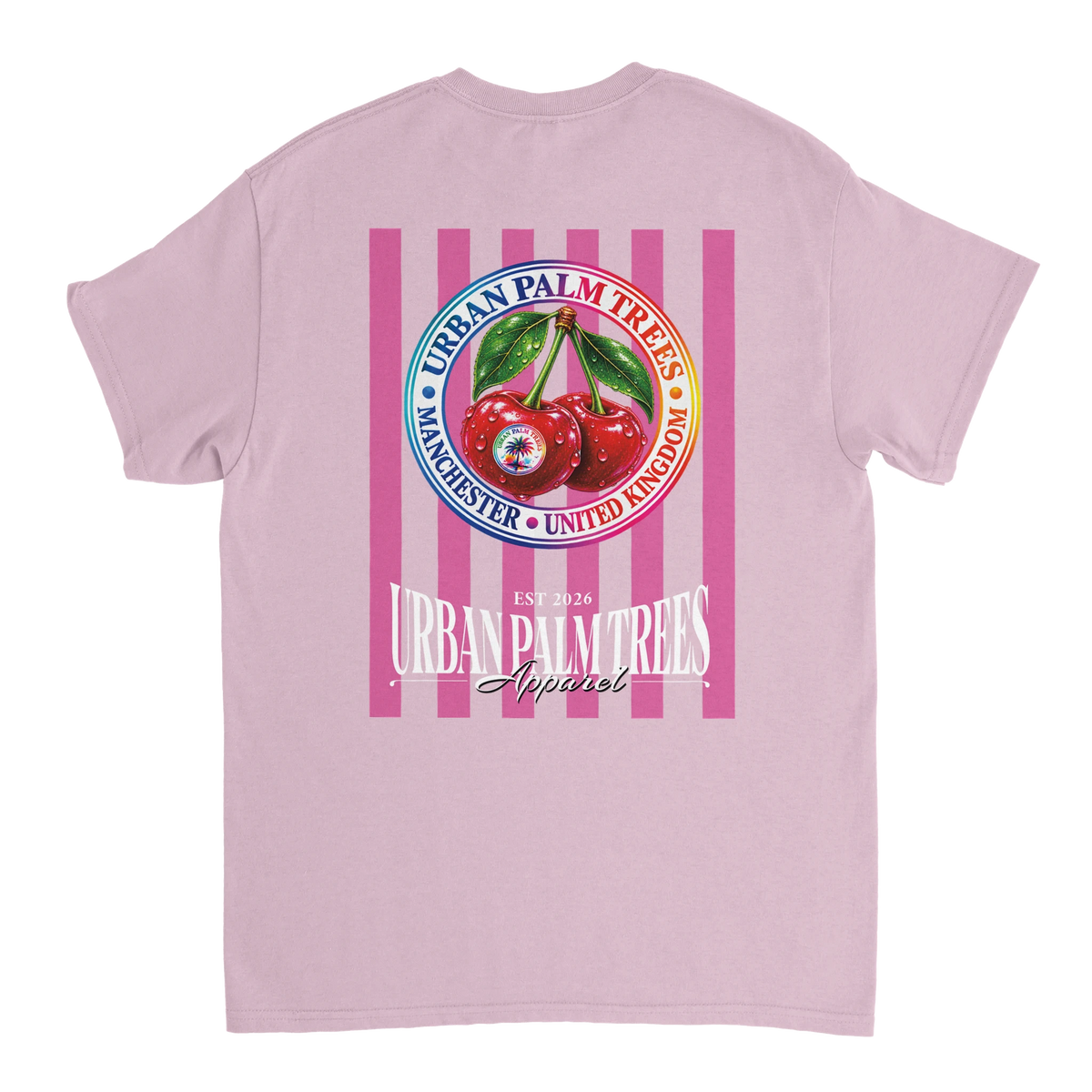 Back of dusty pink t-shirt featuring retro pink striped graphic with red cherries andUrban Palm Trees text.