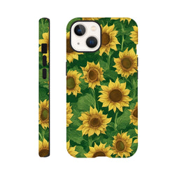 Tough iPhone case featuring a vibrant yellow sunflower and green leaf wraparound print for drop protection and floral style.