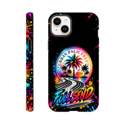 Full Send iPhone case featuring Urban Palm Trees sunset, tire track art, and neon splatter wraparound design for car culture lovers.