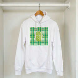 White retro hoodie featuring a green gingham square graphic with a vintage lime slice design and kangaroo pocket.