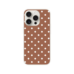 Retro brown and white polka dot iPhone case with matte finish and shock-absorbing TPU protection for models 13-16.