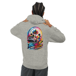 Grey "Built Not Bought" men's hoodie featuring a colorful rear car graphic with palm trees and sunset art.