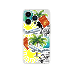 Transparent iPhone case featuring a travel sticker collage with palm trees, airplanes, passports, and a compass for worldly exploration.