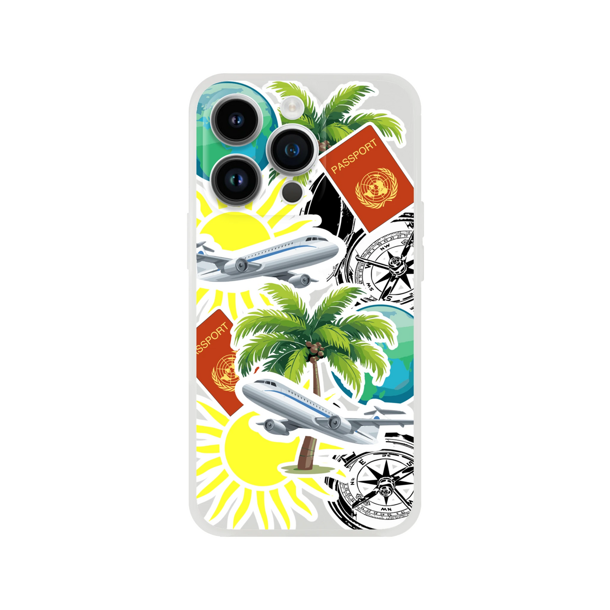 Transparent iPhone case featuring a travel sticker collage with palm trees, airplanes, passports, and a compass for worldly exploration.