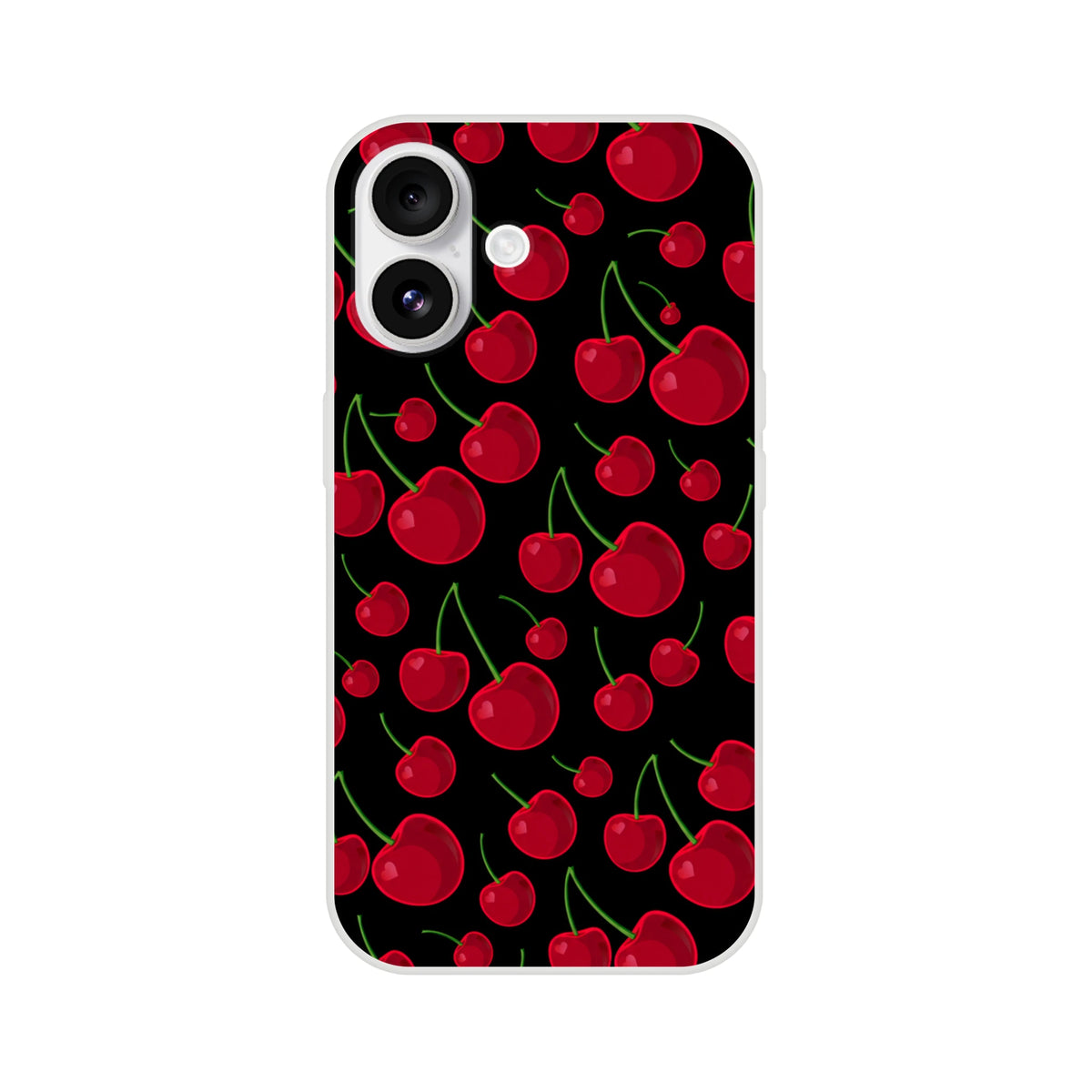 Black iPhone case featuring a retro red cherry pattern with green stems. Slim, matte protective cover with shock-absorbing TPU for urban style.