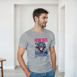 Man wearing grayFuture Beats retro DJ monkey graphic tee with headphones and Evolution text for streetwear style.