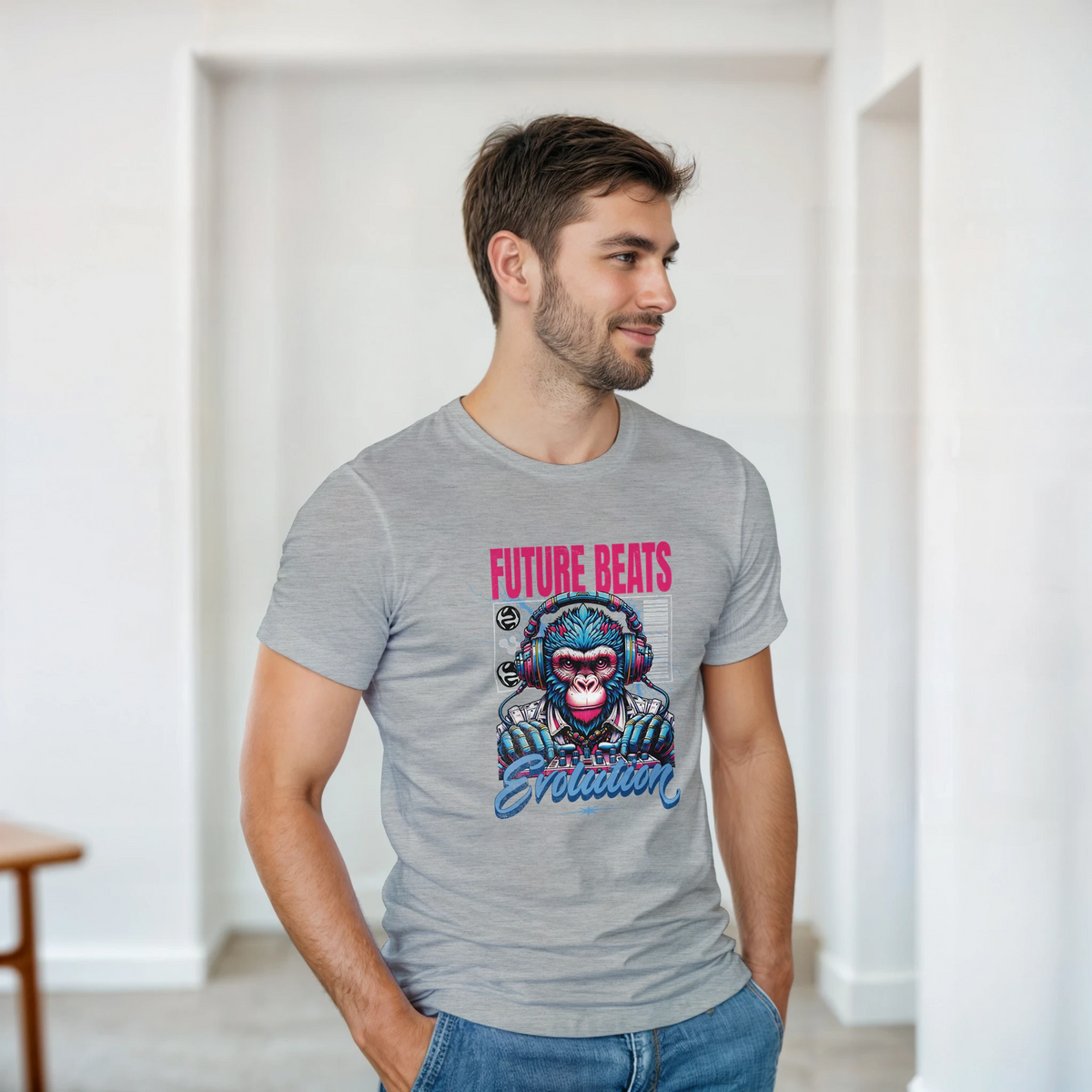 Man wearing grayFuture Beats retro DJ monkey graphic tee with headphones and Evolution text for streetwear style.