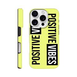 Bright yellow tough iPhone case with vertical "POSITIVE VIBES" slogan print, designed for models 13-16.