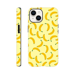 Yellow banana tough iPhone case featuring a playful scattered fruit pattern on a pale background with black edges.