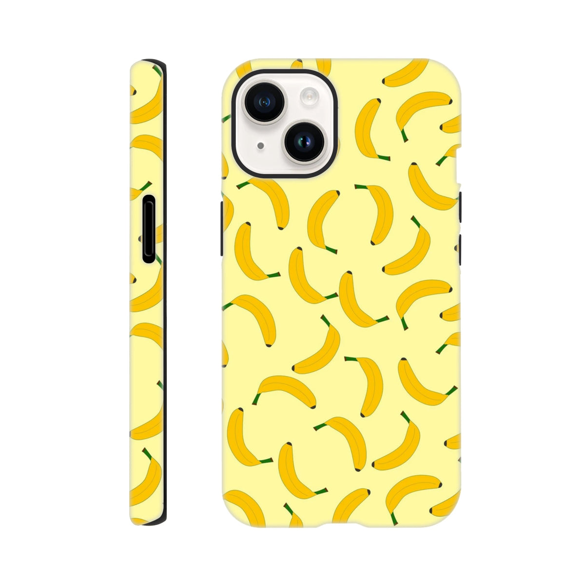 Yellow banana tough iPhone case featuring a playful scattered fruit pattern on a pale background with black edges.
