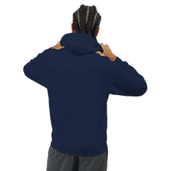 Back view of a man with braids wearing a navy blue urban pop art streetwear pullover hoodie.