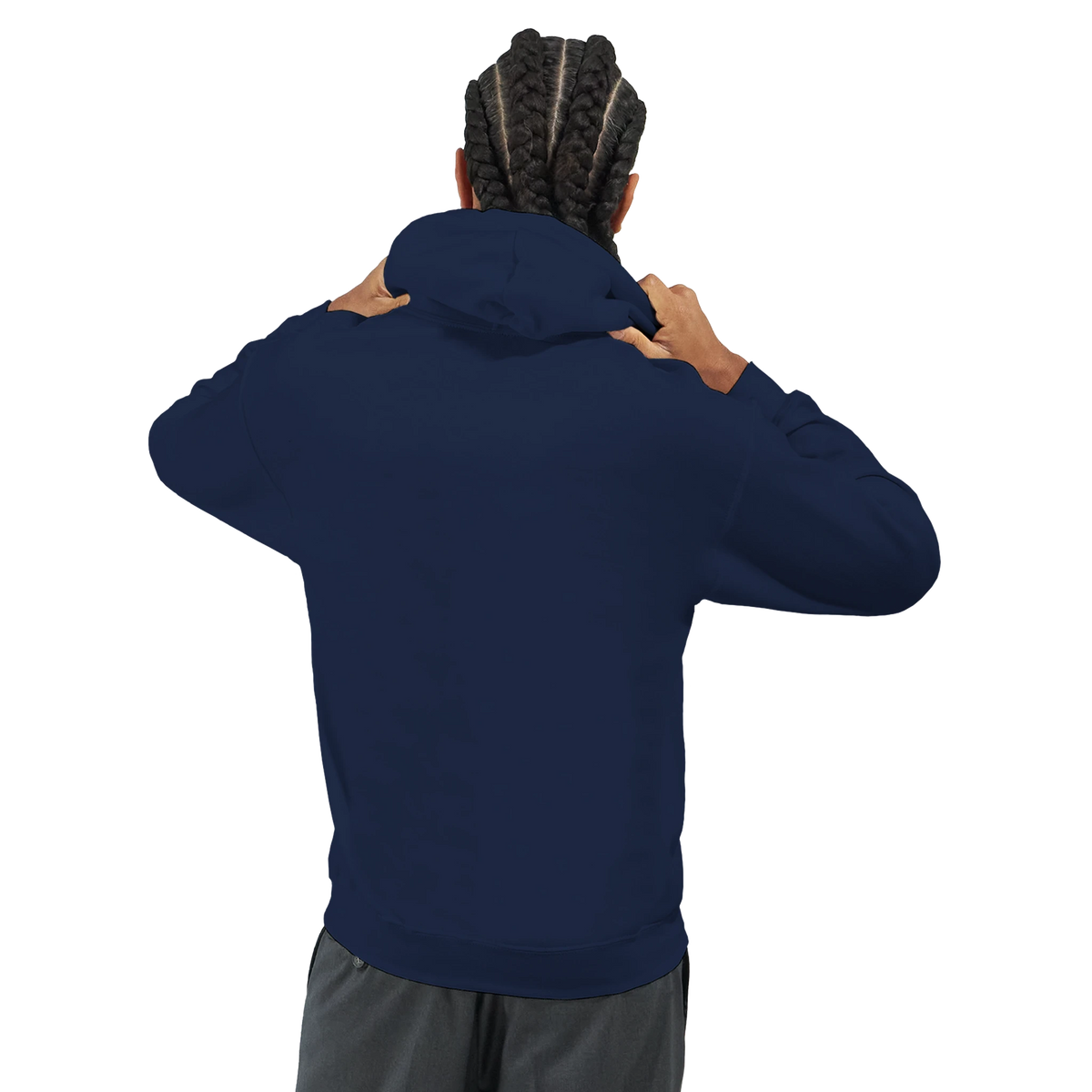 Back view of a man with braids wearing a navy blue urban pop art streetwear pullover hoodie.