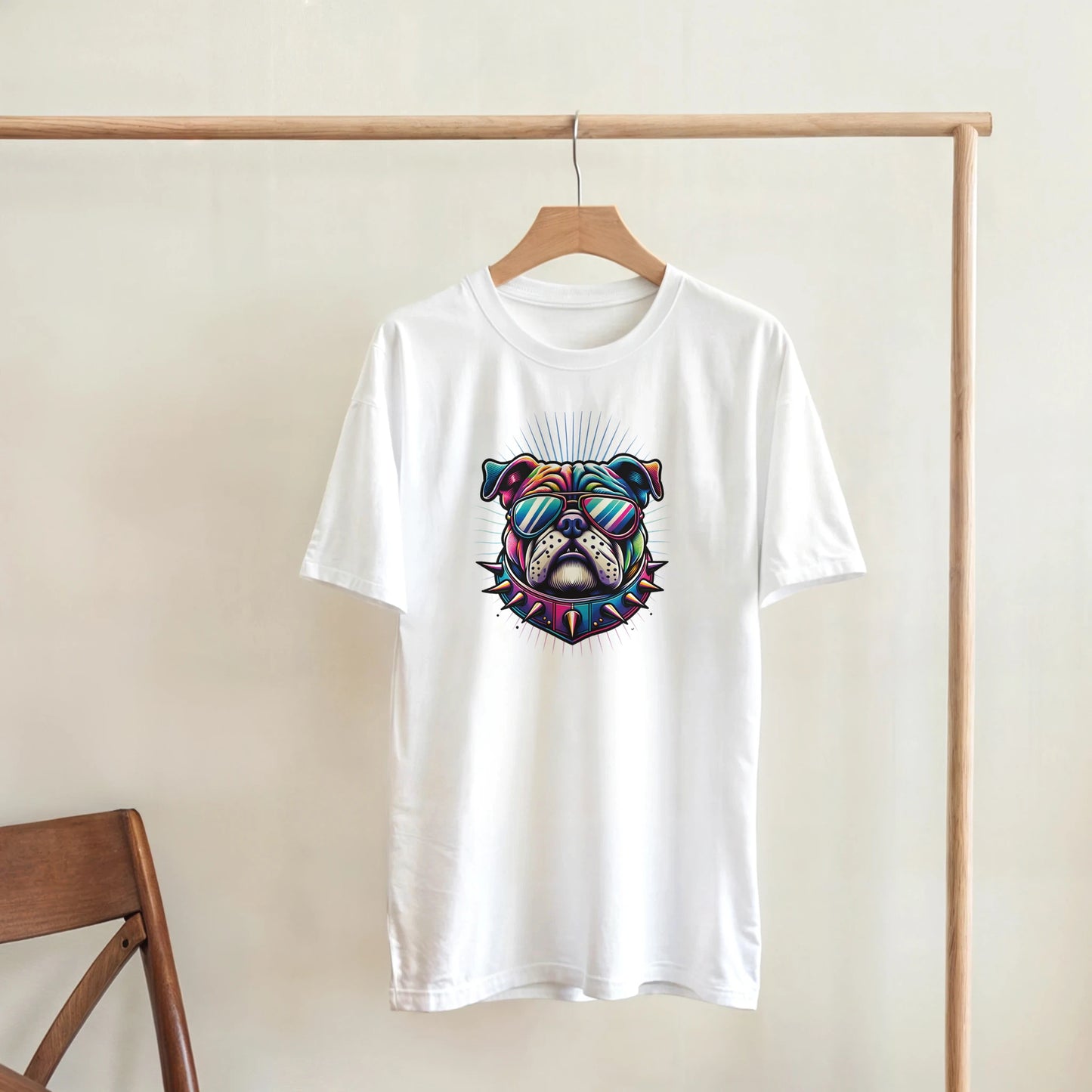 Women's white cotton blend tee with colorful bulldog graphic wearing sunglasses and a spiked collar.