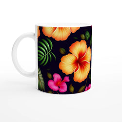 Tropical hibiscus mug featuring botanical floral pattern with orange and pink blossoms.