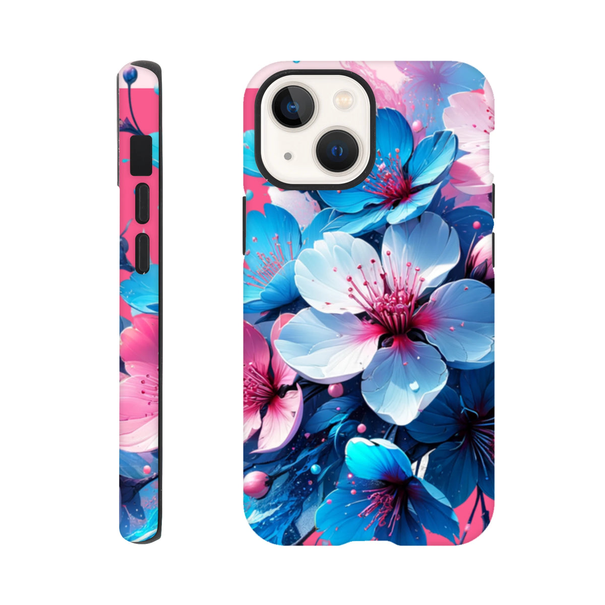 Vibrant blue and pink floral tough iPhone case offering durable protection and a bold streetwear aesthetic for daily use.