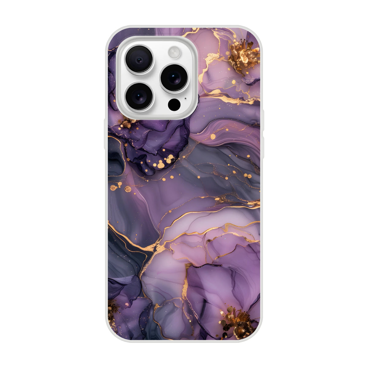 Purple and gold marble iPhone case for 13-16 with luxury abstract agate pattern.