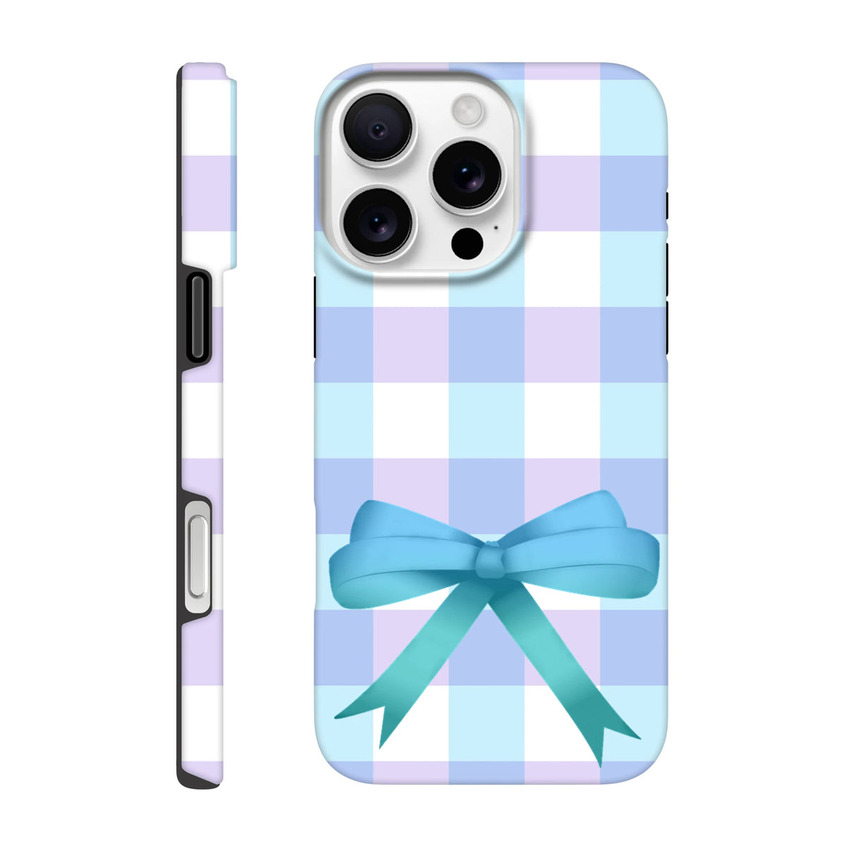 Blue and lavender gingham iPhone case featuring a large teal ribbon bow. Cute coquette aesthetic tough phone cover for modern streetwear.