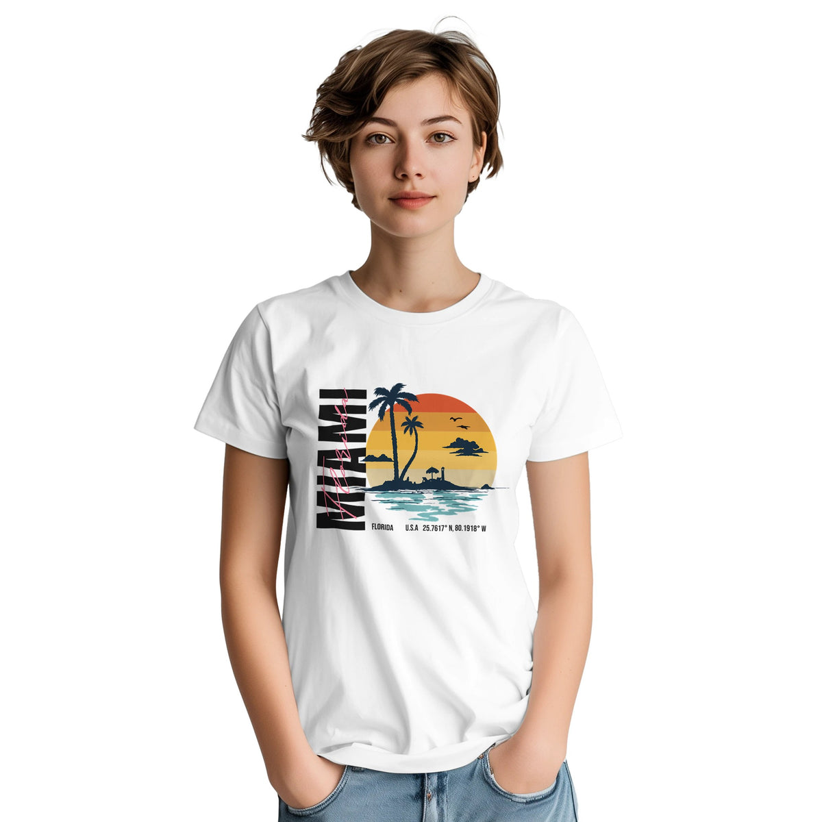 White Miami Women's Graphic T‑Shirt with tropical sunset palm graphic; soft cotton blend, sizes S–XL.