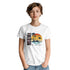 White Miami Women's Graphic T‑Shirt with tropical sunset palm graphic; soft cotton blend, sizes S–XL.