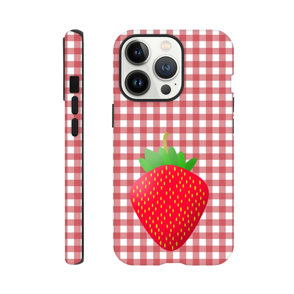 Red checkered iPhone case featuring a large cute strawberry illustration on a gingham pattern background for drop protection.