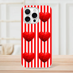 Red striped iPhone case with geometric red hearts on white background.