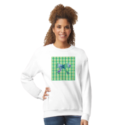 White pullover featuring a green gingham square with a blue bow, blending cute coquette aesthetic with laid-back streetwear.