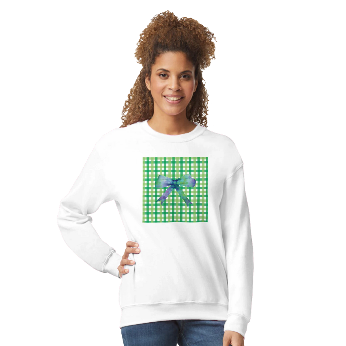 White pullover featuring a green gingham square with a blue bow, blending cute coquette aesthetic with laid-back streetwear.