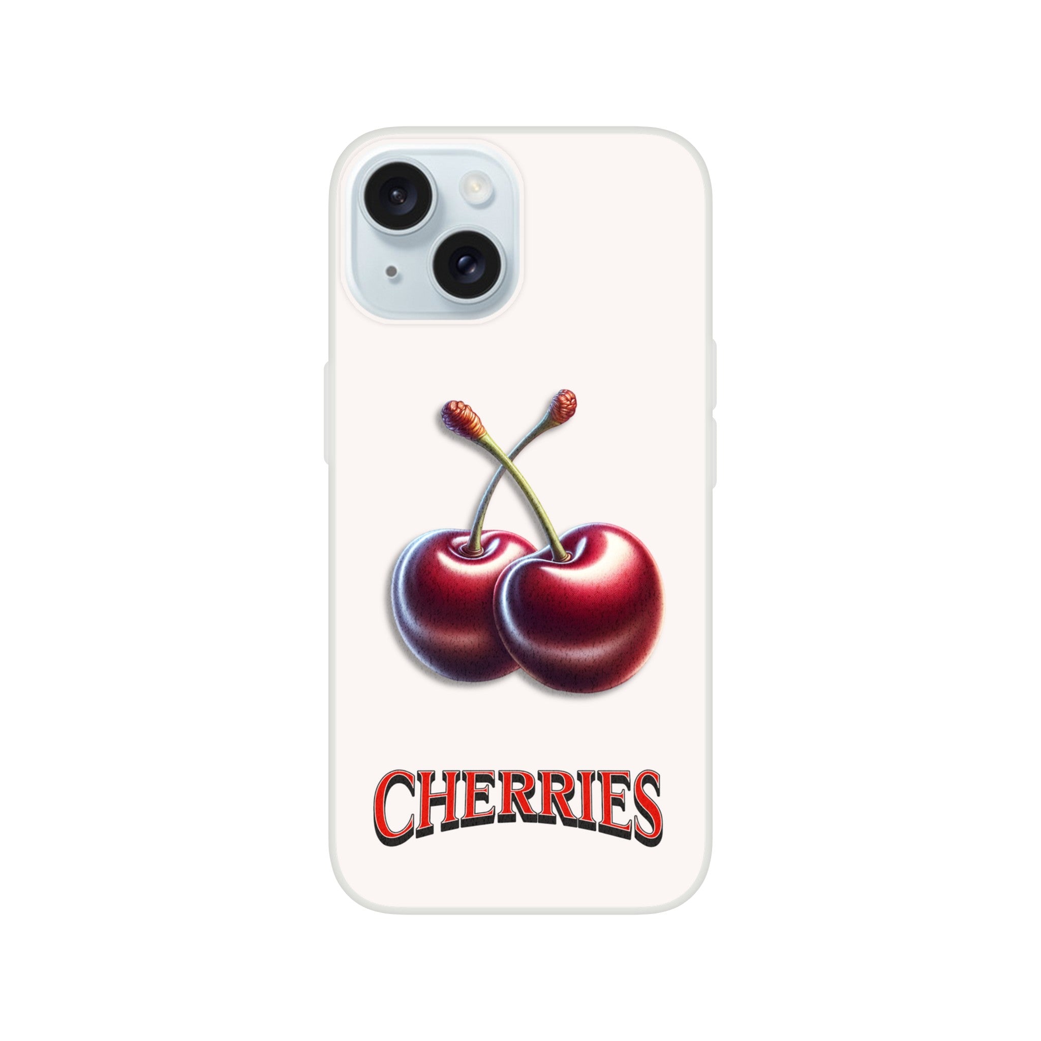 Cherry-themed iPhone case with two cherries and CHERRIES text on a light background.