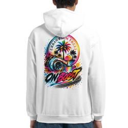 White men's hoodie back featuring colorful "On Boost" turbo graphic with palm trees and "Urban Palm Trees" text for petrolhead streetwear.