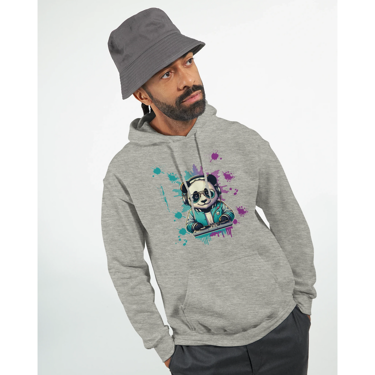 Panda DJ graphic hoodie worn by a man; gray heather sweatshirt with colorful paint-splash artwork.