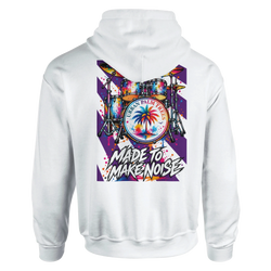 White hoodie back print featuring a colorful retro drum kit graphic with a palm tree and "Made To Make Noise" text.