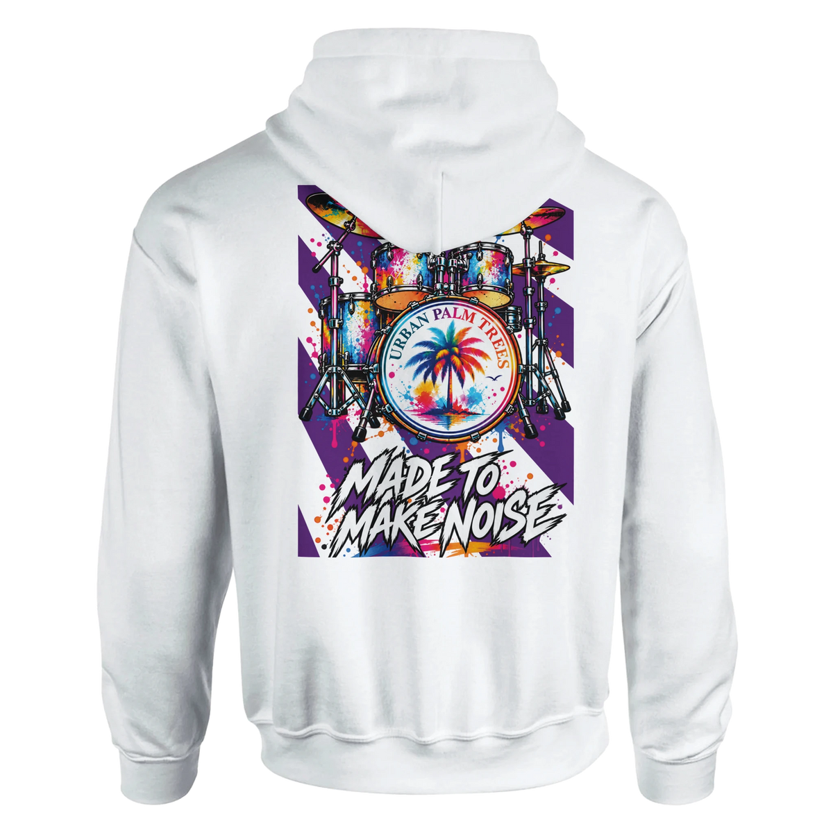White hoodie back print featuring a colorful retro drum kit graphic with a palm tree and "Made To Make Noise" text.