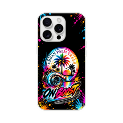 On Boost iPhone case featuring a vibrant turbocharger, palm trees, and "Urban Palm Trees" graphic with colorful paint splatters.