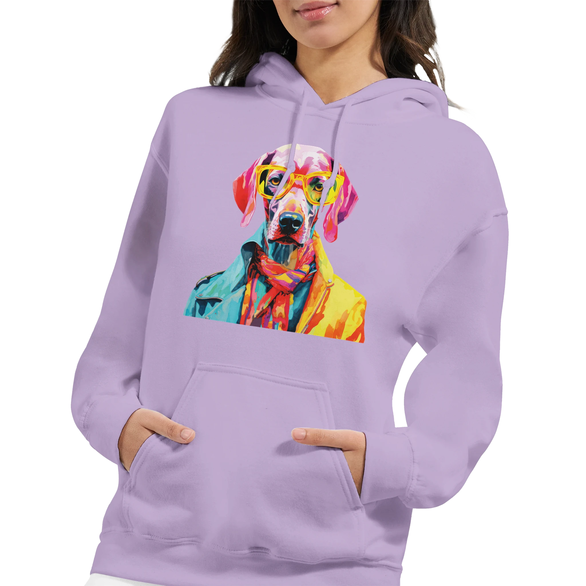 Gent Dog Jumper women's hoodie in lavender with a vibrant multi-color dog graphic wearing yellow glasses.