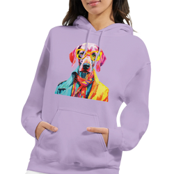 Gent Dog Jumper women's hoodie in lavender with a vibrant multi-color dog graphic wearing yellow glasses.