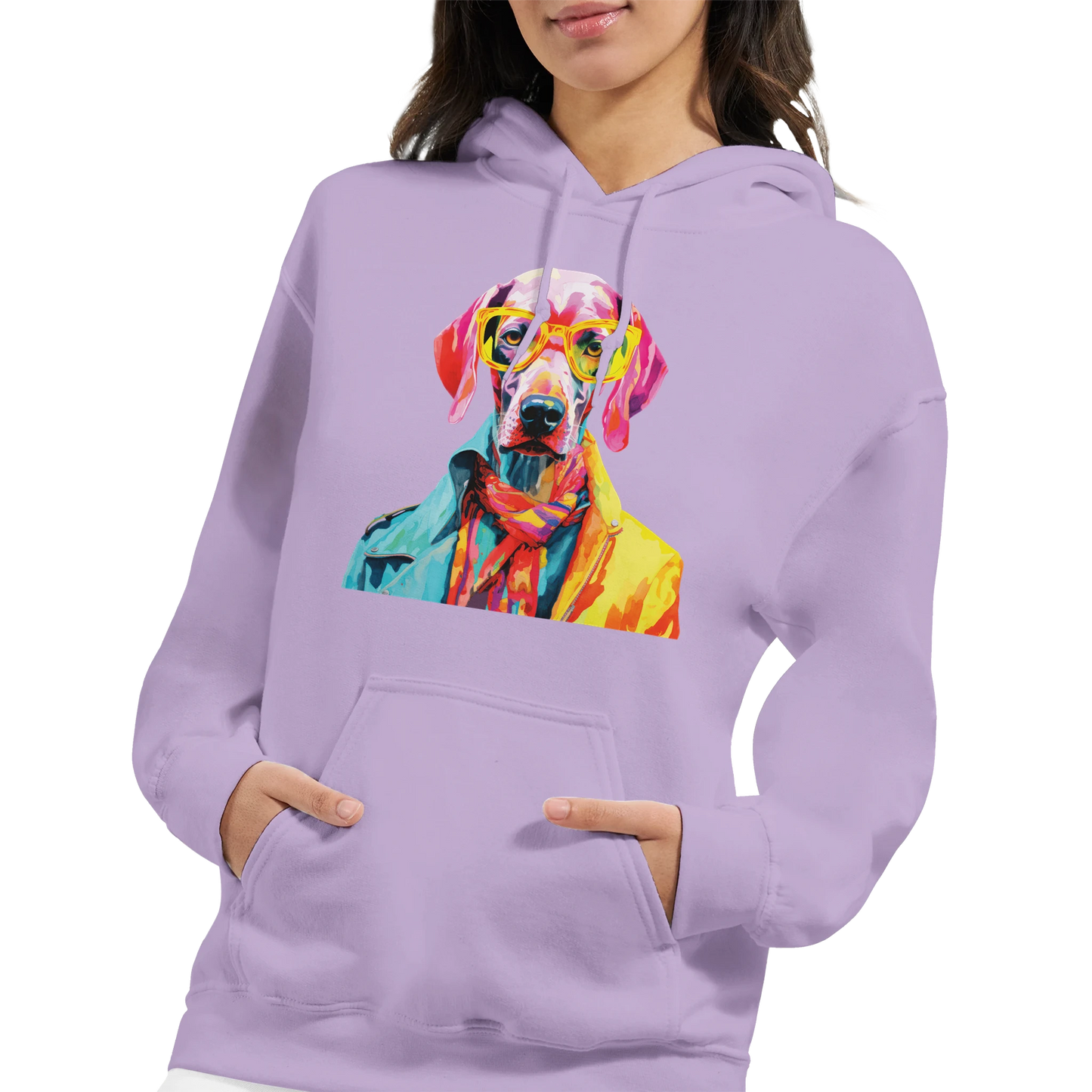 Gent Dog Jumper women's hoodie in lavender with a vibrant multi-color dog graphic wearing yellow glasses.
