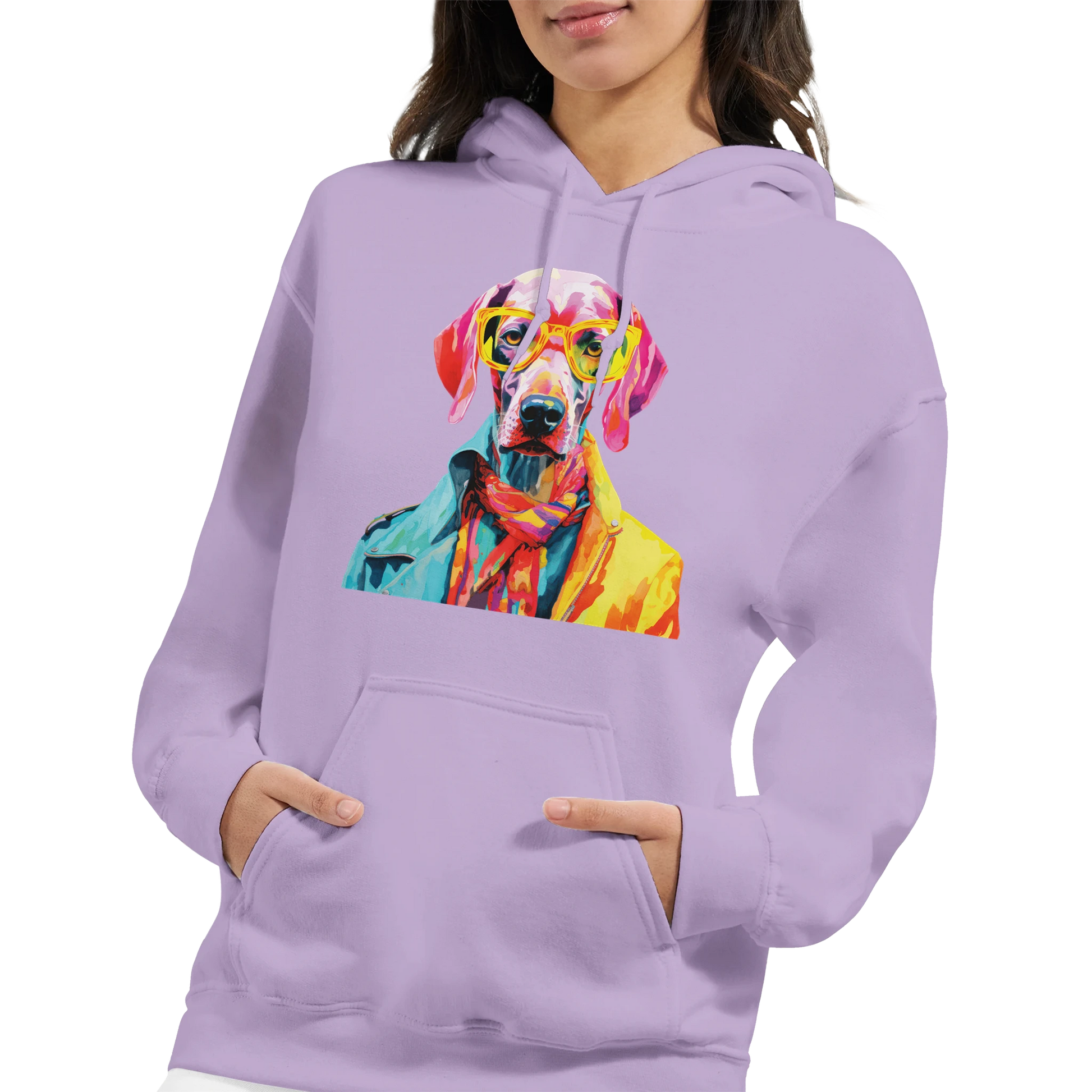 Gent Dog Jumper women's hoodie in lavender with a vibrant multi-color dog graphic wearing yellow glasses.