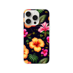 Tropical hibiscus floral iPhone case for 13-16 with vibrant petals on dark background