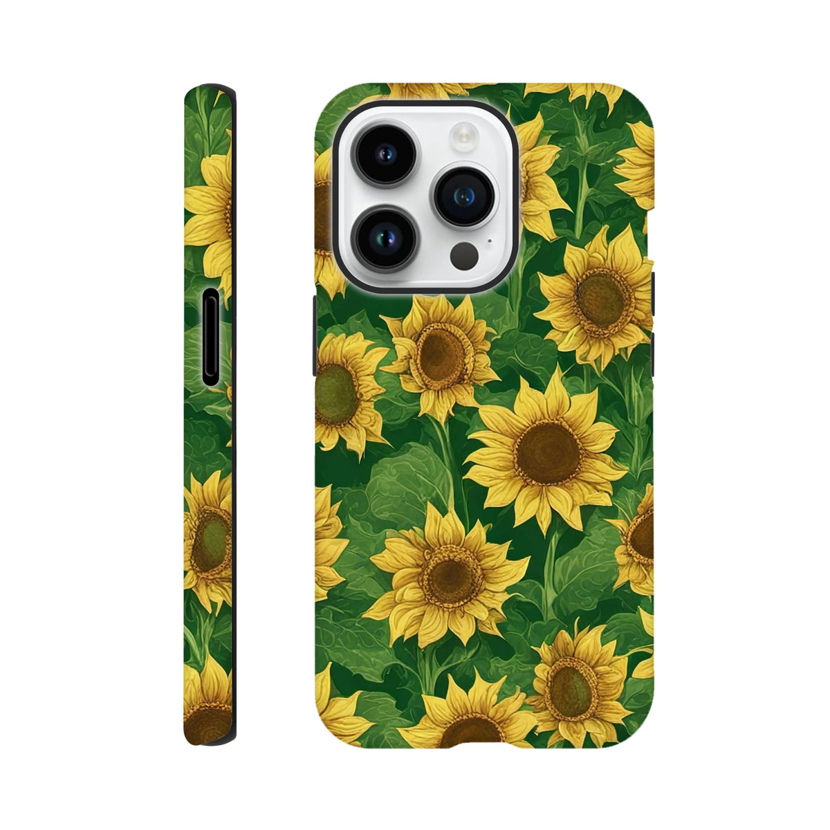 Tough iPhone case featuring a vibrant wraparound print of yellow sunflowers and green leaves for everyday drop protection.